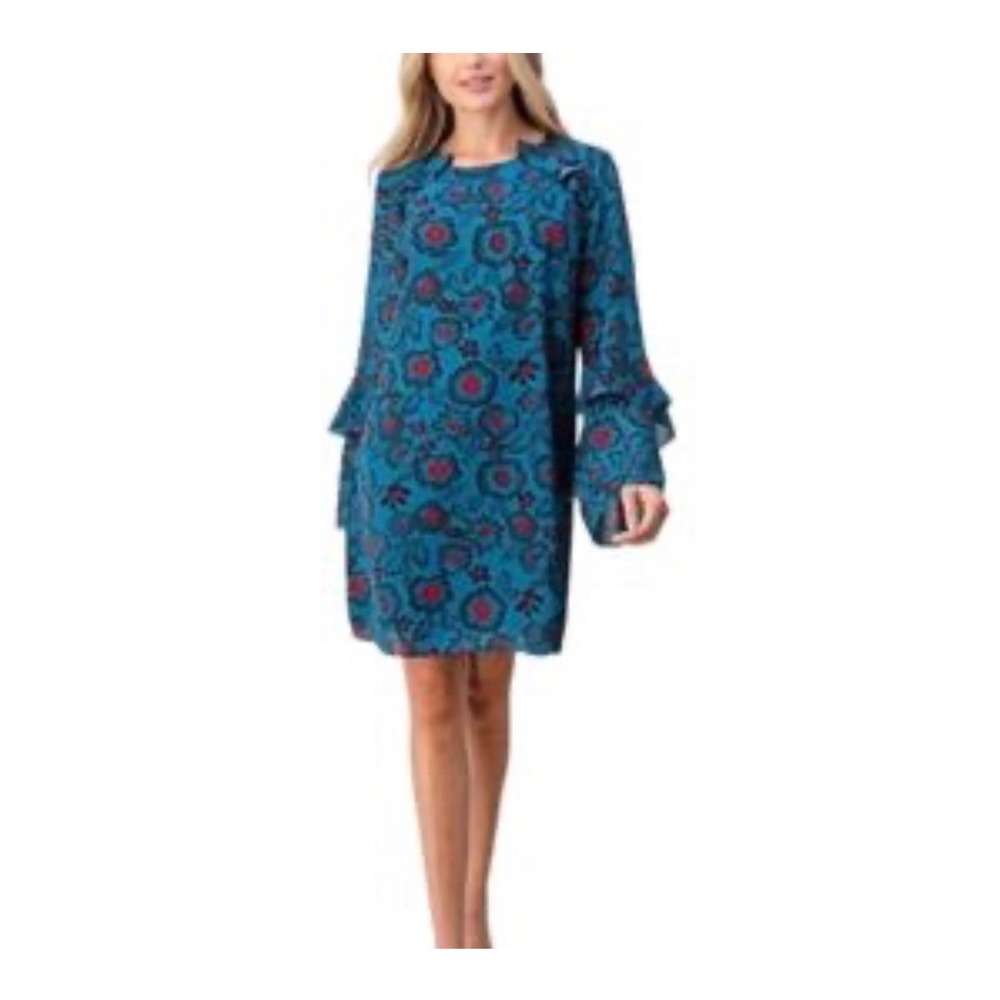 Hashttag in Trend Floral Shift Dress Womens S Teal Blue Ruffle‎ Bell Sleeve Mini
